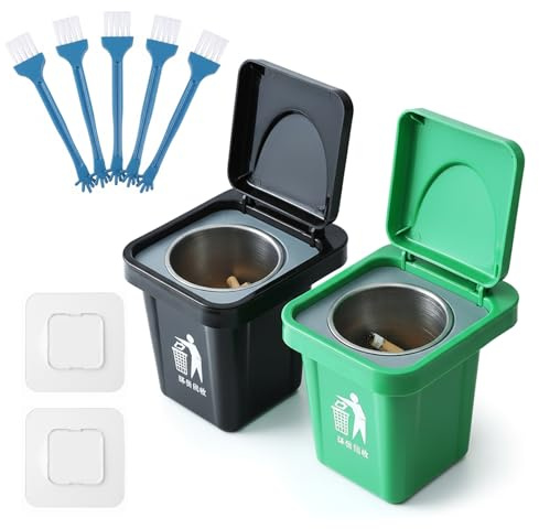Wall-Hanging Ashtray Can with Brush, Trash Can Ashtray with Lid, Stainless Steel Creative Small Trash Cans with Removable Inner Bucket and Cover Belly, for Bathroom Toilet Home Office Hotel, 11x9.5cm