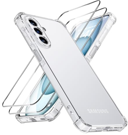 LACAE Funda para Samsung Galaxy S25 FE con 2 Protector de Pantalla de Vidrio Templado, Carcasa Transparente Delgada Antigolpes de TPU con Esquinas Airbag - Transparent