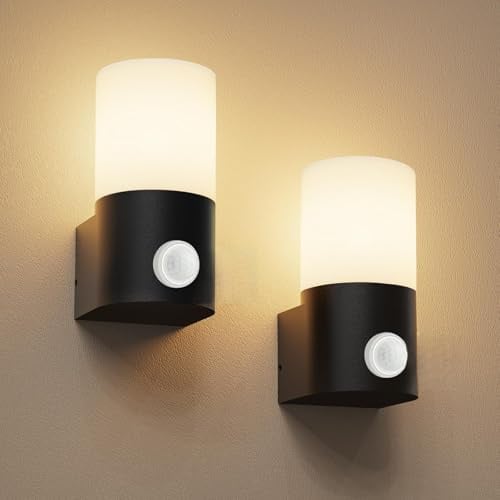 Allesgute 2er Set Außenleuchte mit Bewegungsmelder E27, Wandlampe Schwarz IP65, PC+Aluminium Außenwandleuchte, Außenlampe Max 60W für Wand, Vordertür, Garage (Ohne Lampe)