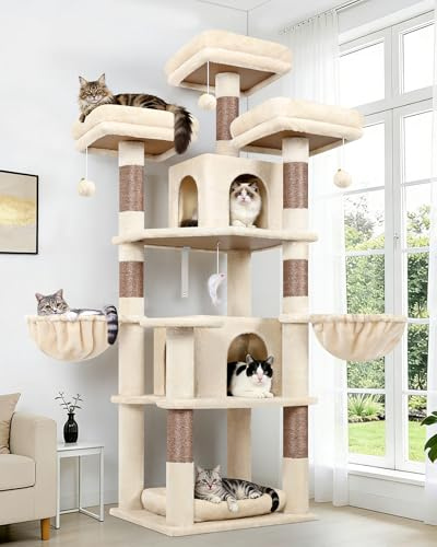 Globlazer Beige Árbol para Gatos 174 cm con 3 Perchas Acolchadas, 2 Nidos, 2 Cesta, Cama Mascotas Extraíble, Postes de Sisal, Estable Castillo Rascador para 2-4 Gatos Adultos Interior (F68B, Beige)