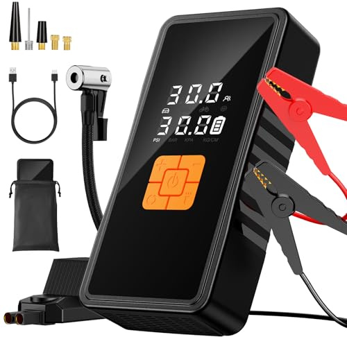 Booster Batterie Voiture,Preciva 12V Démarreur Portable 8000A pour Moto et Voiture (Tous Gaz/9L Diesel), Banque d'Énergie avec Gonfleur 150PSI & Feux de Détresse, Booster Batterie Moto Portable
