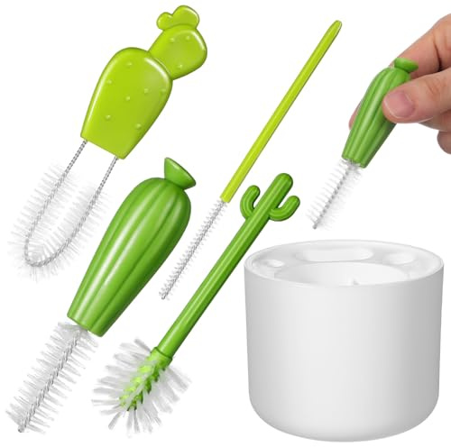 DECHOUS Multi-Function Cactus Bottle Brush Set with Straw Cleaner, 4pcs White Groove and Lid Cleaning Brushes for Daily Bottle and Cup Cleaning