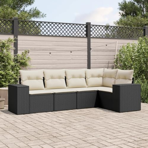 Hoopleep 5-TLG. Garten-Sofagarnitur Schwarz Poly Rattan, Modulares Design, UV-beständig, mit Cremeweißen Kissen, für Terrasse, Balkon, Außenbereich, Wohnzimmer, Sitzgruppe