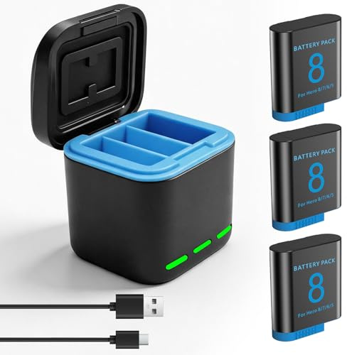 TQTHL 3-Pack Hero 8 Battery + 3-Port Charger Compatible with GoPro Hero 8/7/6/5/2018 Black