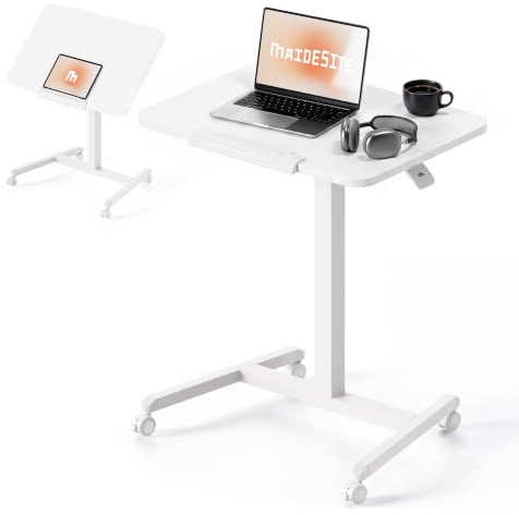 MAIDeSITe Table d’appoint Mobile avec roulettes, réglable en Hauteur 76–110 cm, Plateau inclinable Pliable, Table pour Ordinateur Portable, Bureau Assis-Debout pour télétravail et Maison（Blanc）