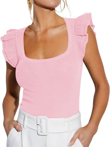 INFITTY Vest Tops Women UK Ruffle Sleeve Top Square Neck Blouse Tees Going Out Tops Ladies Knit Solid Casual T Shirts Pink M