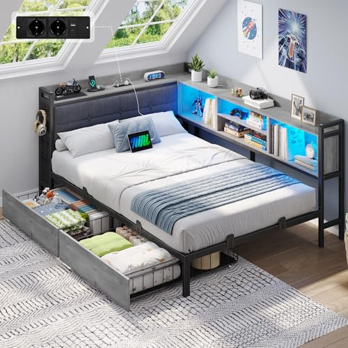 Brinlawb Schlafsofa, Jugendbett 90x200 cm mit Stauraum, 2 geräumigen Schubladen, 4 offene Fächer, Tagesbett mit LED-Beleuchtung und Ladestation, Einzelbett Bett 90x200 mit gepolstertem Kopfteil, Grau