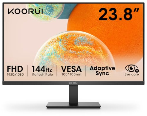 KOORUI 24 Inch Monitor, Gaming 144Hz, FHD 1080P, Hardware Anti-Blue Light | Pc Screen, Eye Care, Adaptive Sync, 5ms, VESA 100x100mm, Eye Care, HDMI, VGA