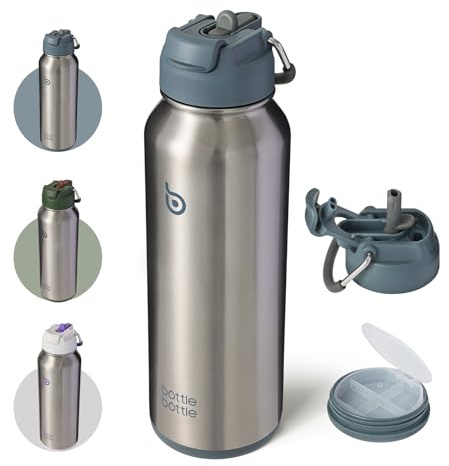 BOTTLE BOTTLE Borraccia termica con cannuccia, borraccia sportiva in acciaio inox con manico, borraccia sportiva per attività all'aperto, per pillole, 1 l (blu terra)