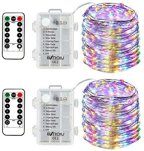 BXROIU 2 x50LEDs Guirlande Lumineuse batterie par 5 Mètres Micro Argent Câble 3AA Opération a pile étanche avec télécommande 8 Programme (Multicolore)