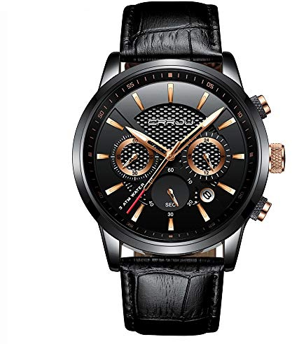 CRRJU Uhr Herren Schwarz Lederarmband Armbanduhr Chronographen Herrenuhr | Datumsanzeige, Quarz Uhren, Wasserdichte, Business Sport, Stoppuhr, Alltag Büro, Geschenk für Männer, Studentenuhr