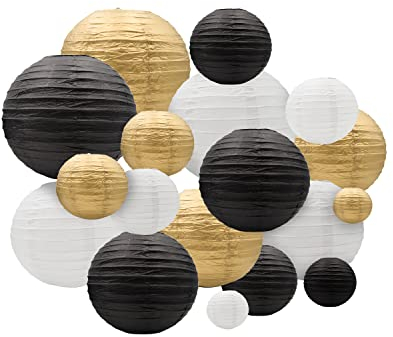 Farol redondo de papel chino, 18 linternas de papel decorativas, linternas de papel colgantes para decoración para bodas, graduaciones, fiestas y eventos, varios tamaños (negro/dorado/blanco)