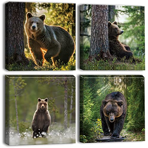 Artscope Stampe e Quadri su Tela 4 pz. Foresta e Orso Immagine Fotografia Murale Tela Wall Art Bel Regalo per Home Decor Ristorante Cucina Regalo di Anniversario Compleanno 30x30CM