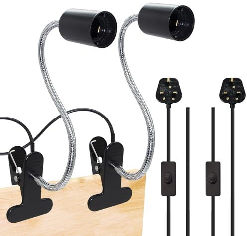 Metal Clip on Light 2Pcs Clip on Bulb Holder Flexible E27 Lamp Holder, Black Clamp Light with 360° Rotatable Gooseneck and 220 cm Cable Switch, Clip on Lamp for Bedroom, 60W Max(Bulb not Included)