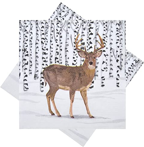 ZauberDeko Servietten Hirsch im Winterwald Weiß Schwarz Tischdeko 33 x 33 cm 20 Stück