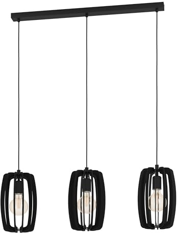 EGLO Hängelampe Bajazzara, 3-flammige Pendelleuchte Esstisch | skandinavische Esszimmerlampe aus Holz und Metall in Schwarz, Hängeleuchte mit E27 Fassung