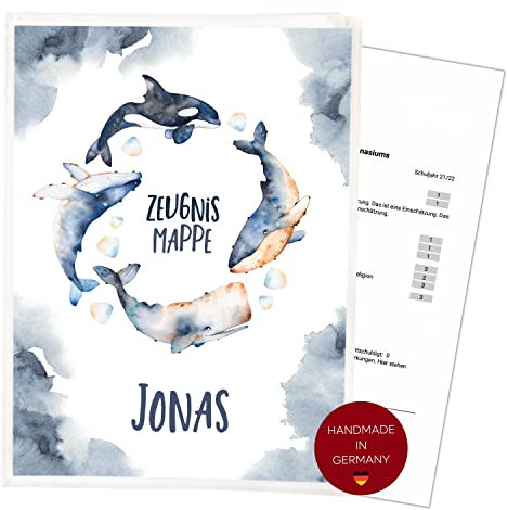 Zeugnismappe für DIN A4 Wal | 𝗣𝗘𝗥𝗦𝗢𝗡𝗔𝗟𝗜𝗦𝗜𝗘𝗥𝗧 | 20 Klarsichthüllen für 𝗔𝗨𝗙𝗕𝗘𝗪𝗔𝗛𝗥𝗨𝗡𝗚 und 𝗦𝗖𝗛𝗨𝗧𝗭 von 𝗭𝗘𝗨𝗚𝗡𝗜𝗦𝗦𝗘𝗡 | Schule Mädchen Junge (Jonas)