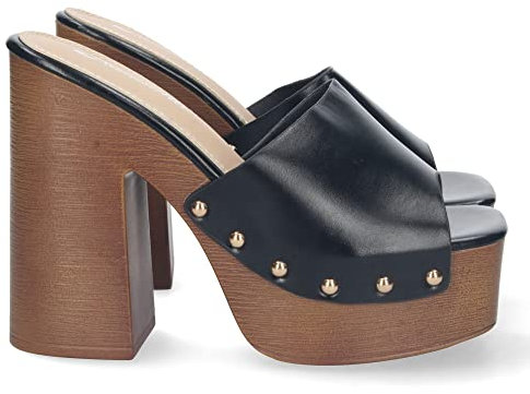 shoes&blues.es 72493-Sandalia de Tacon y Plataforma, para Mujer, Comoda, Material de Imitacion a Madera, Pala Simple con Remaches, y Talon Abierto. Talla 38 Negro