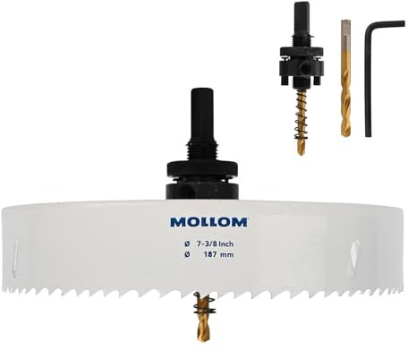 MOLLOM (187mm | 7-3/8) Scie-cloche bimétal HSS M42 avec 8% de cobalt avec 2 forets pilotes et mandrin, coupe lisse pour PVC, plaque de plâtre, bois, plastique, plaque de plâtre, caoutchouc