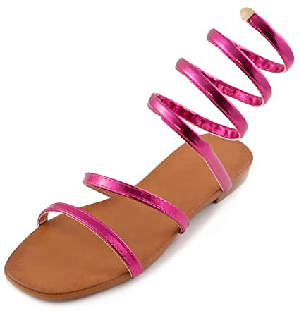 Toocool Sandalias de mujer planas planas de primavera gladiadores metalizados PM2898, fucsia, 38 EU