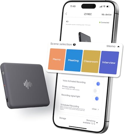 iZYREC Registratore vocale intelligente da 64 GB, registratore vocale con app, registrazione continua di 30 ore, dispositivo di registrazione audio, cancellazione del rumore AI migliorata, perfetto