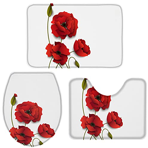 Badezimmer Vorleger 3-Teiliges Blume Mohn Rot Wc Vorleger Set 3 Teilig rutschfeste Badezimmer-Garnitur Waschbar Badvorleger Für Badezimmer Wc-Deckelbezug Wc