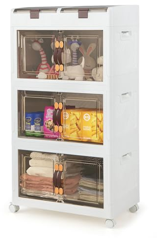 CASART Collapsible Storage Box, 3/4 Tier Plastic Storage Boxes with Lids, Compartments, Magnetic Doors & Wheels, Stackable Storage Bins Organizer for Living Room Bedroom Entryway Kitchen (3-Tier 160L)
