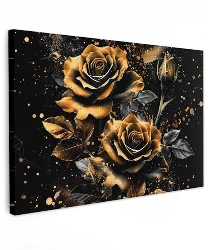 MuchoWow© Leinwandbilder Groß 120x80 cm XXL Wall Art Decoration Bilder für die Wand Schlafzimmer Deko Canvas Painting Wanddekoration Wohnzimmer Blumen - Gold - Schwarz - Kunst