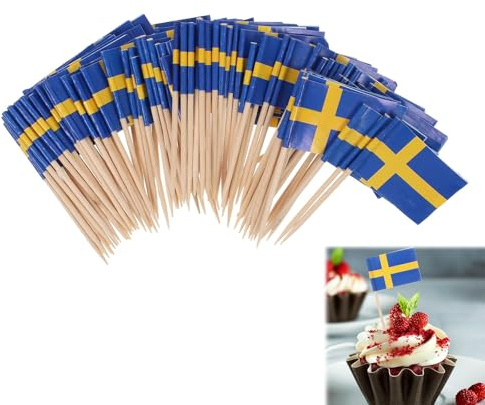Flaggen Spieße Schweden,Zahnstocher mit Schweden-Flagge,Schweden Cocktail Stick Flaggen,Zahnstocher Papier Flagge für Schweden,Schweden Flagge Zahnstocher,für Cupcakes,Geschirr-Dekorationen,100 Stück