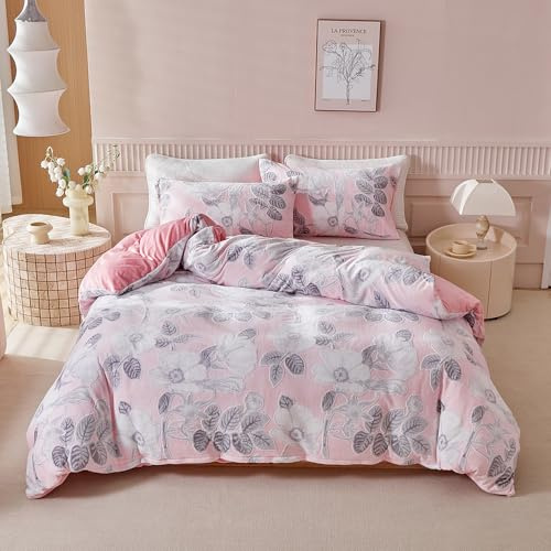 YASMENG Plüsch Bettwäsche 200x200 Winter Warm Blumen Rosa Plüsch Bettwäsche Winter Hochwertige Weich Kuschelig Flauschige Bettwäsche 3 Teilig mit Reißverschluss und 2 Kissenbezüge 80x80 cm