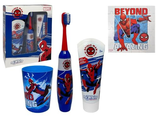 Zahnpflege Set für Kinder Spiderman Marvel 4 Stück elektrische Zahnbürste Zahnpasta Becher Puzzle