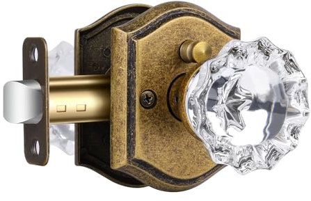 CLCTK Glass Door Knobs Interior with Lock, Vintage Crystal Privacy Antique Brass Door Knobs for Bedroom Bathroom, 1 Pack