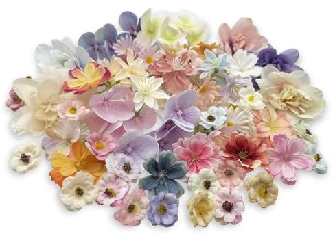 FOSDICK 50 PCS Artificial Flowers, Colourful Silk Artificial Flower Heads, Cake Decorations Flowers, Mix Small Fake Flower Heads, Silk Flower for Crafts for DIY Scrapbooking Wedding Party Home Decor