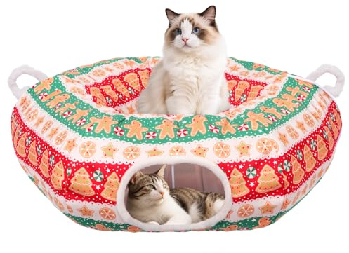 Christmas Tree Cat Tunnel, Soft Cat Tunnel for Christmas Tree with Middle Cushion, Cute Pet Donut Cave Bed Play Toys, Indoor Xmas Tree Decorations Protector from Cats