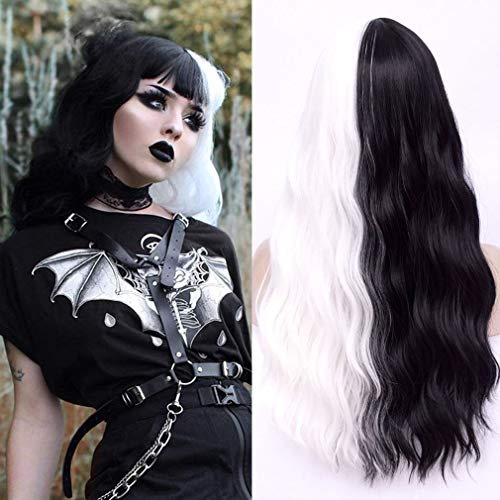ATAYOU Lange Schwarze Weiße Cosplay Perücke Synthetische Halloween Party Perücke