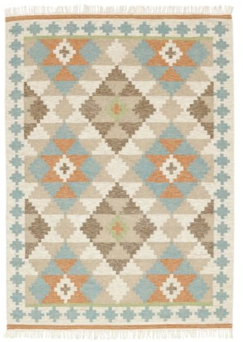 RugVista, Summer Kelim, Teppich, Mittelflor Teppich, 140 x 200 cm, Rechteckiger, Moderner Kelim Teppich, Wolle, Flur, Schlafzimmer, Küche, Wohnzimmer, Weiss/Beige, Grau