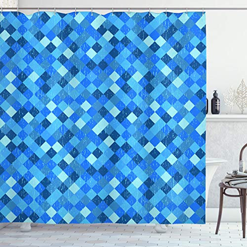 ABAKUHAUS Abstrakt Duschvorhang, Diagonal Karomuster, Stoffliches Gewebe Badezimmerdekorationsset mit Haken, 175 x 180 cm, Türkis Dunkelblau