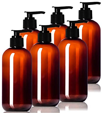8oz Plastic Amber Bottles (6 Pack) BPA-Free Squeeze Containers with Pump Cap, Labels Included