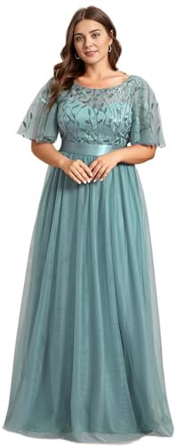 Ever-Pretty Damen Abendkleid A-Linie Spitze Kurze Ärmel Partykleid lang Dunkles Himmelblau 50