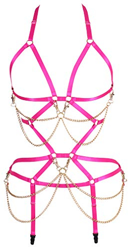 BBOHSS Femmes Corps Harnais Soutien-Gorge Ensemble de Porte-Jarretelles de Carnaval Ensemble de Soutien-Gorge Creux Haut élastique Punk Costume de Danse Gothique (Rose Rouge)