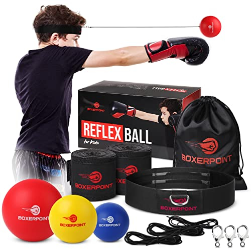 Boxerpoint Reflexball Kinder-Set - Größe S & Schwarz - 3 Bälle & verstellbares Kopfband - Handbandagen & Tragetasche & Ersatzsaiten - Boxball & Reaktionsschnelligkeit