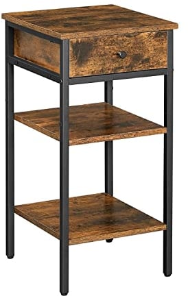 VASAGLE Nachttisch, Couchtisch, Beistelltisch, Nachttisch, hoch, mit Schublade und 2 Ablagen, platzsparend, industrieller Stil, rustikales Braun und Schwarz LET502B01