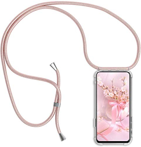 Coque Collier pour Huawei P Smart Plus 2019,Coque Transparent Silicone Housse avec Cordon de Collier Necklace Lanyard Case Étui de Téléphone avec Cordon Cover Anti-Rayures,Rose