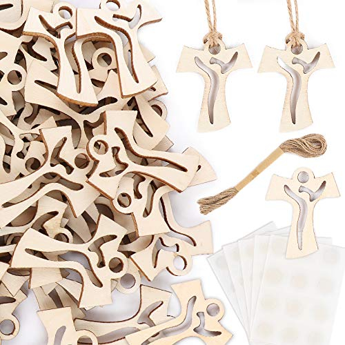 FLOFIA 50pz Croce Legno Battesimo Prima Comunione Tau Ulivo Bomboniere Betlemme Crocefisso con 10 Metri Corda di Lino Biadesivo per Decorazione Natale Pasqua Matrimonio Comunione