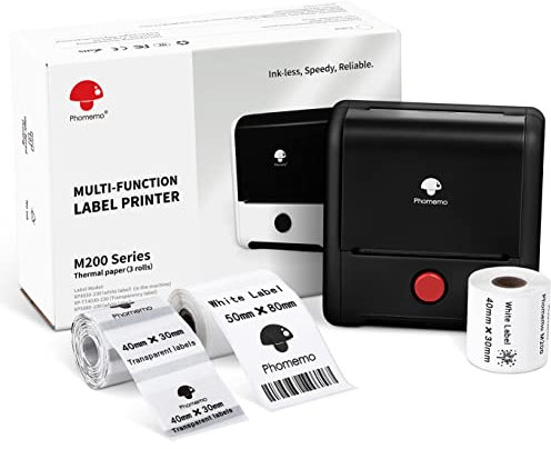 Phomemo M200 Bluetooth Etikettendrucker Labeldrucker, Upgrade 3 Zoll Tragbarer Etikettiergerät mit 3 Etikettenrollen,für Barcode,Einzelhandel,Büro und kleine Unternehmen,für Android & iOS -Schwarz
