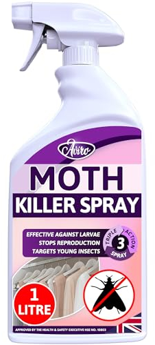 Aviro Moth Killer Spray (1 Litre) - Fast Acting Moth Repellent Killer For Carpet Moth Treatment. Professional Strength Moth Repellent For Wardrobes For Immediate Control Against Moths And Insects