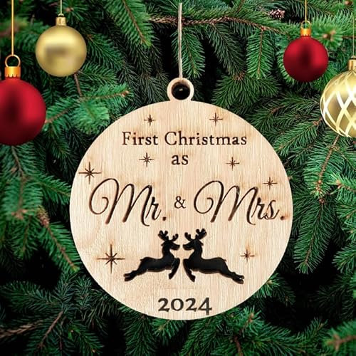 First Christmas Mrs & Mrs 2024 Wooden Tree Ornament Couple Gift Bauble Gift Card Insert for Family & Friends First Christmas Married