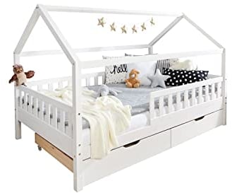TiCAA Kinderbett Hausbett Kay 120x200 inkl. Schubkästen Kiefer weiß