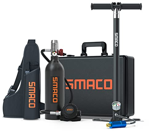 SMACO Mini-Tauchflaschen-Kit 1L Tauchflasche Unterstützt 15–20 Minuten Unterwasser-Atemgerät, Kleine Tauchflasche Tauchen Sauerstoffflasche Tauchpaket für Unterwasserarbeiten, Paket-C(Schwarz)