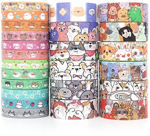 Voolcaoo Washi Tape Set Niedliche Haustiere – 24 Rollen Folie Gold Masking Klebeband Bunt für Kinder, Scrapbooking zubehör, Bullet Journals, Bastel Planer, Handwerk und DIY